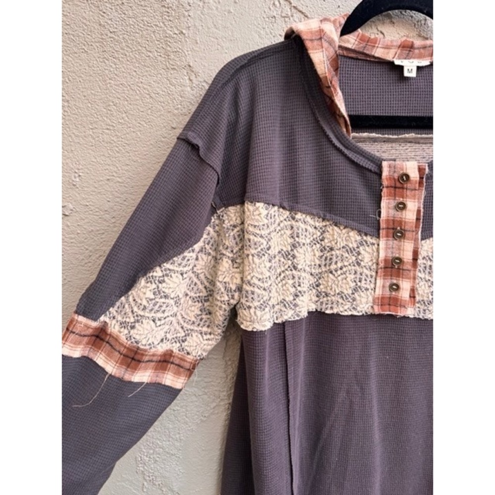 POL Womens Waffle Knit Plaid Lace Hoodie MEDIUM Boho Shabby Rustic Cottagecore - Picture 4 of 6
